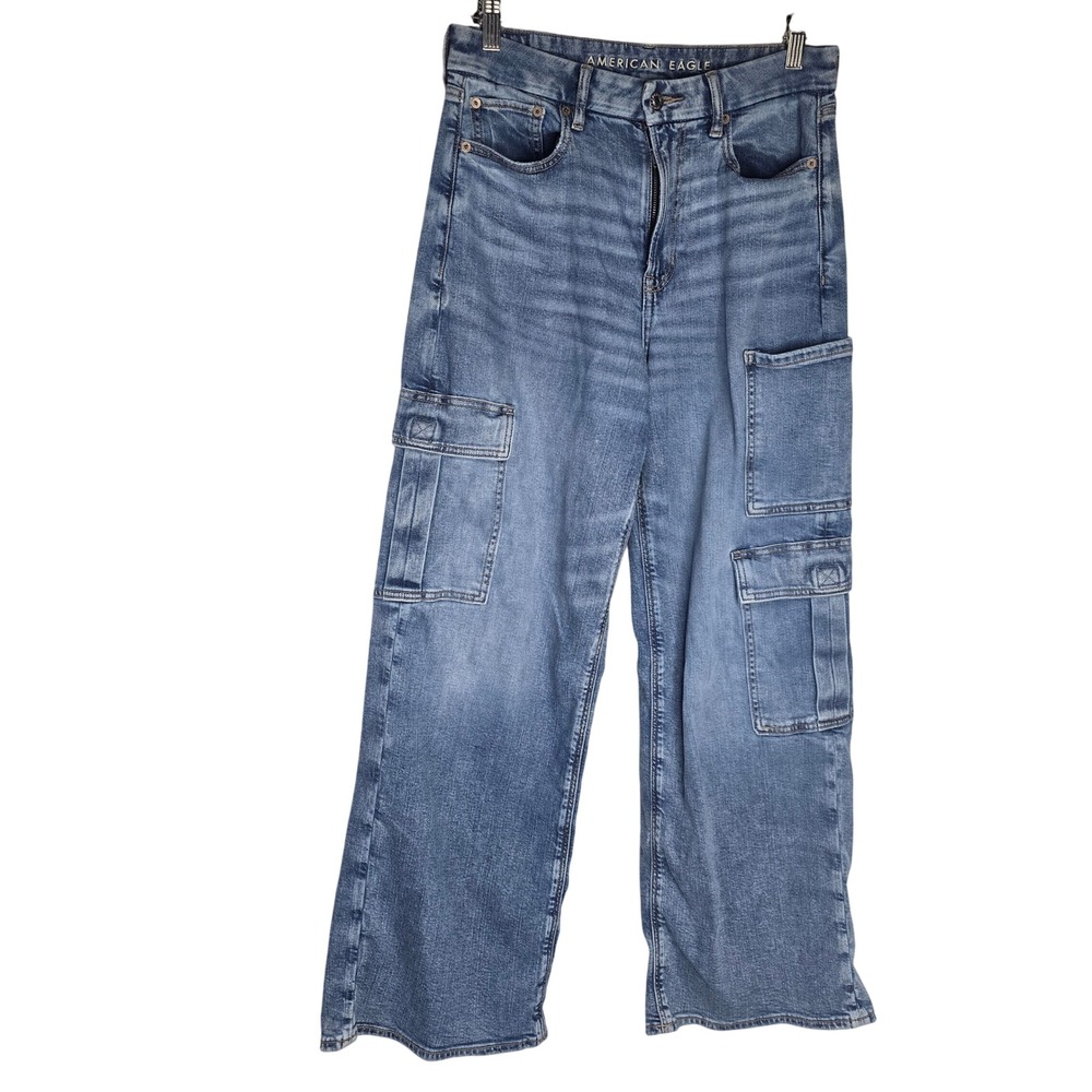 American Eagle Curvy Super High Rise Baggy Wide Leg Cargo Jeans Women 8 Blue